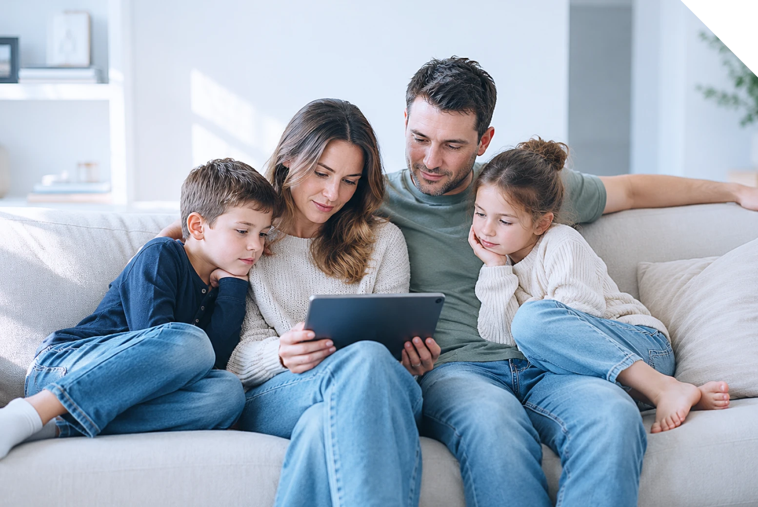 A family looks together at a tablet at home.