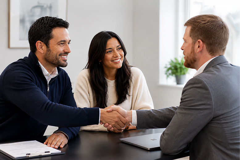 A couple meets with an advisor to discuss family coaching.