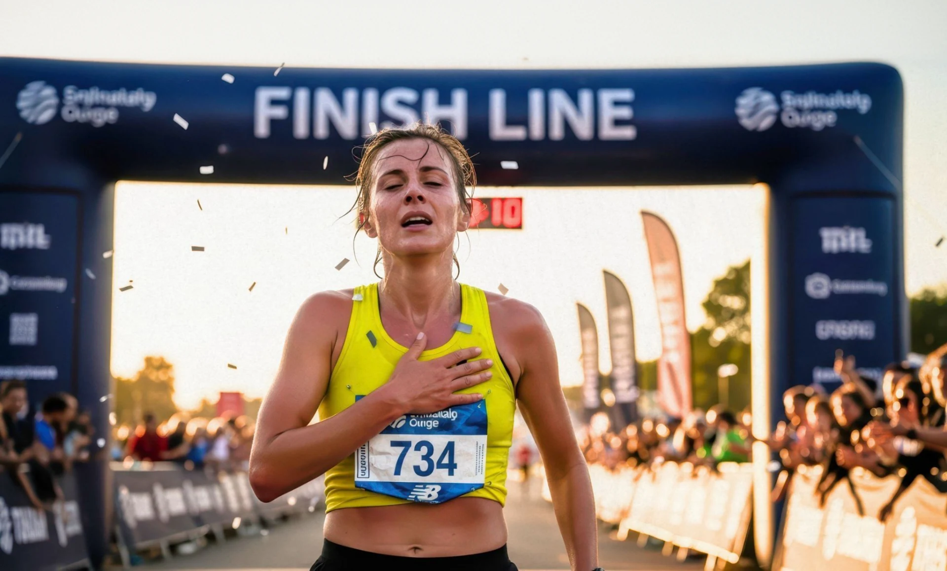 A runner crosses a marathon finish line.