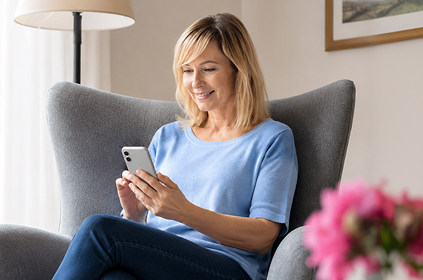 A woman relaxes in a chair at home while looking at her phone.