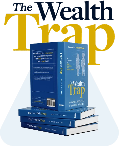 The Wealth Trap by Connor Boyack and Taylor Adams, with a stack of hardcover copies.
